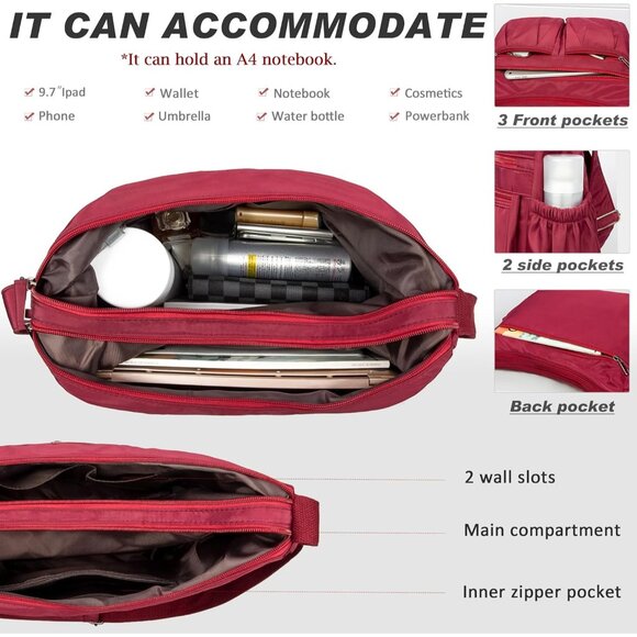 Women Red-l Nylon Water Resistant Anti Theft Travel Crossbody Shoulder Bag - Picture 4 of 6